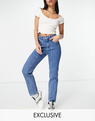 ASYOU slim mom jeans with seam detail in mid blue - ASOS Price Checker
