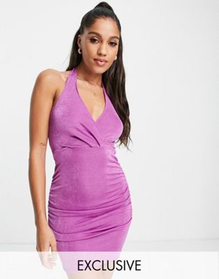 ASYOU slinky drape halter neck mini dress in purple
