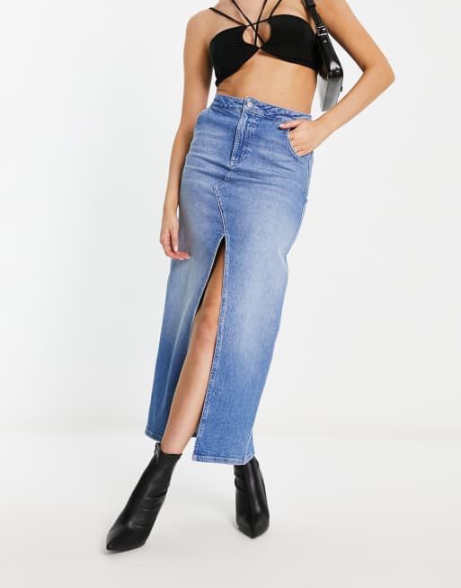 ASYOU split front denim midi skirt in authentic mid blue 