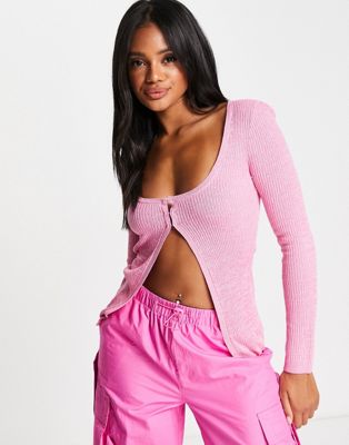 ASYOU hook and eye knitted split front top in pink
