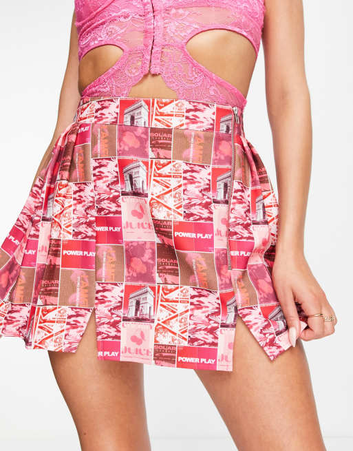 ASYOU split hem pleated mini skirt set in pink graphic print