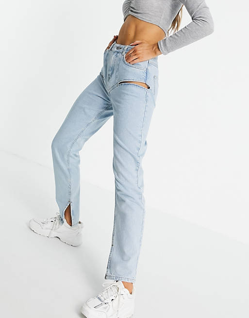 Jeans ASYOU split hem straight leg jean with chap detail in light blue 
