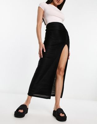 Asyou Split Hem Textured Maxi Skirt In Black
