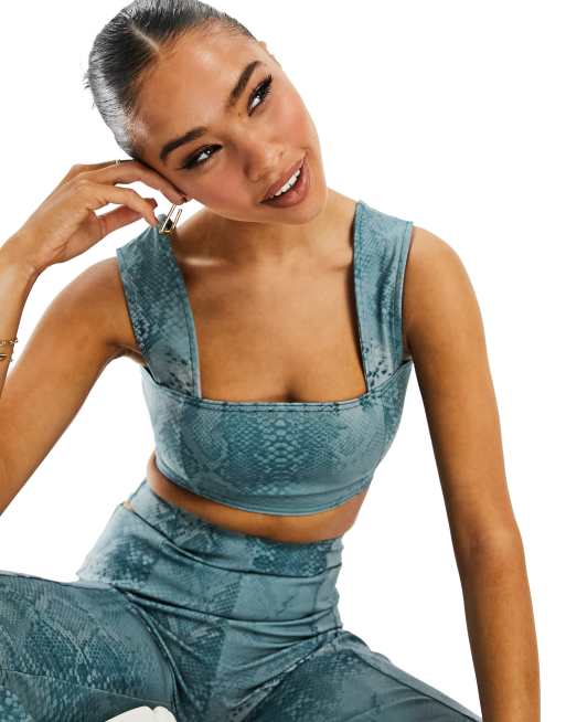 ASYOU square neck crop top set in blue snake print