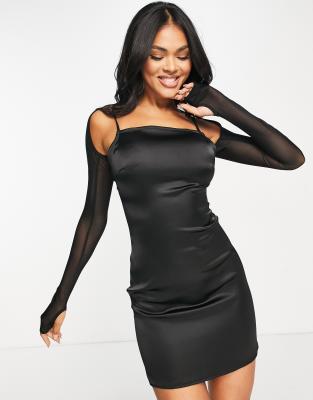 Asyou Square Neck Satin Mini Dress With Mesh Detachable Gloves In Black