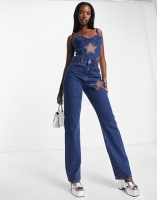 ASYOU straight jean co-ord with western star in electric blue  - ASOS Price Checker
