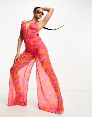 ASYOU strappy chiffon jumpsuit in tropical print-Multi