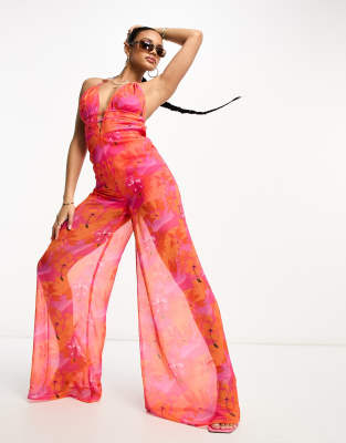 ASYOU strappy chiffon jumpsuit in tropical print - ASOS Price Checker