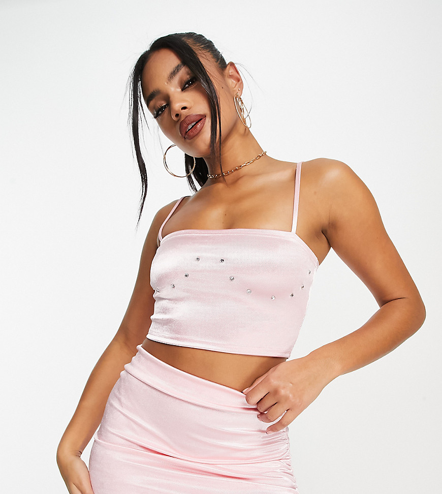ASYOU stretch satin hot fix detail cami top co-ord in baby pink