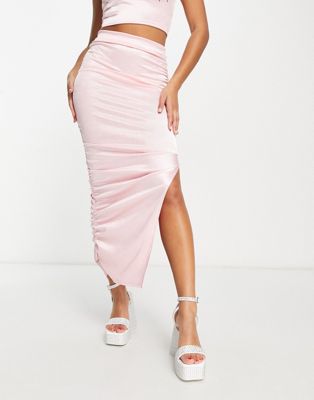 ASYOU stretch satin midi skirt co-ord in baby pink