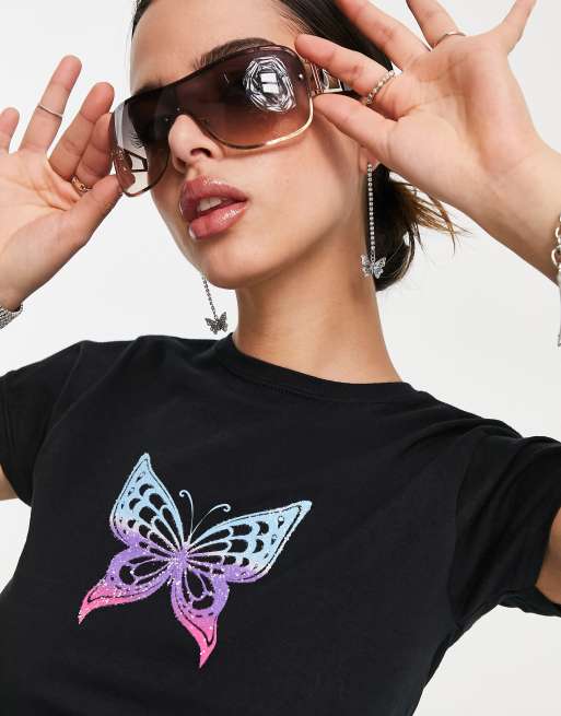 ASYOU - T-shirt crop top à imprimé papillon effet dégradé style années 90 - Noir, 4 de 4