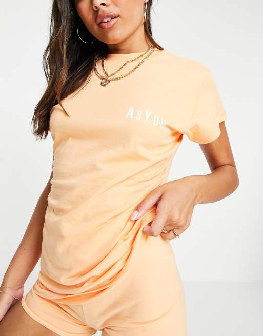 ASYOU – T-Shirt in Apricot mit geraffter Taille und „Dimensions“-Grafik, Kombiteil, 2 von 4