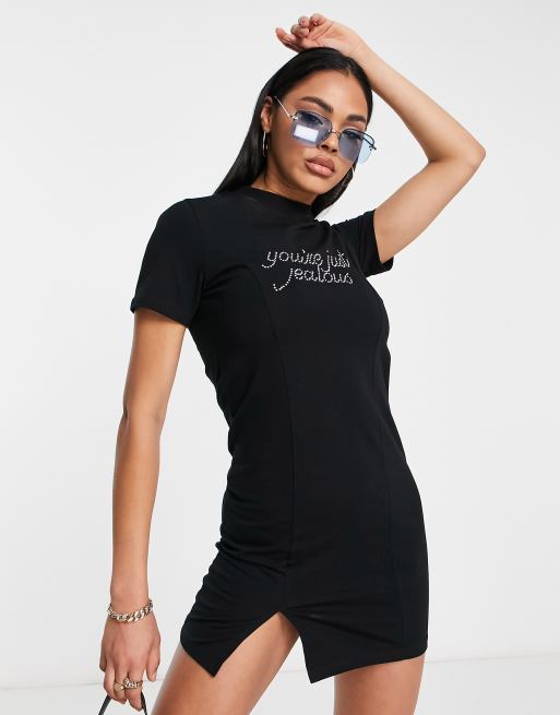 ASYOU - T-shirtjurk met 'you're just jealous' in siersteentjes in zwart
