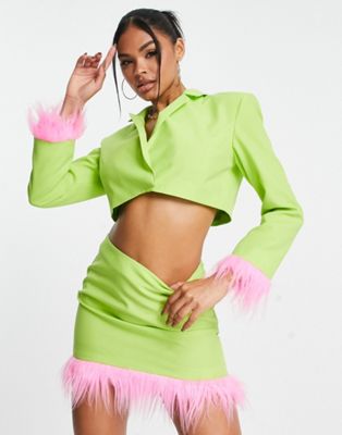 ASYOU tailored cropped blazer co-ord with pink faux feather trim in green - ASOS Price Checker