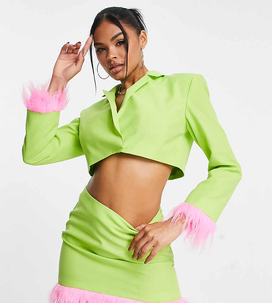 ASYOU tailored cropped blazer co-ord with pink faux feather trim in green