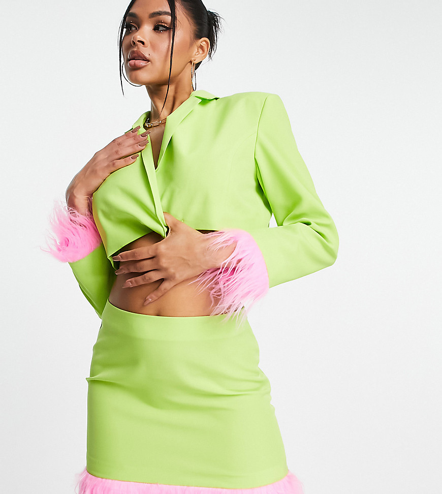 Asyou Tailored Skirt With Pink Faux Fur Trim In Green - Part Of A Set