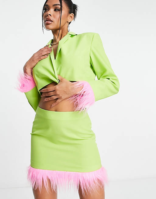 ASYOU tailored skirt with pink faux fur trim in green (part of a set)
