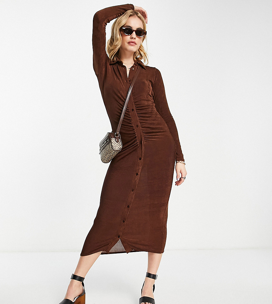 ASYOU textured slinky midi ruched shirt dress in chocolate-Brown