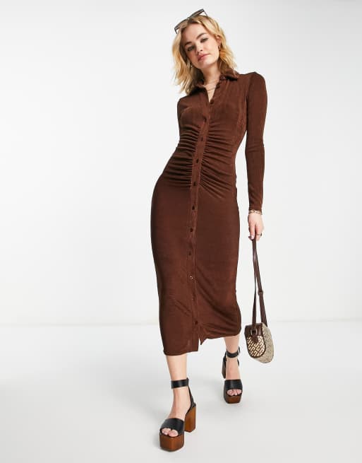 I Saw It First, Textured Woven Plunge Ruched Shirt, Chocolate