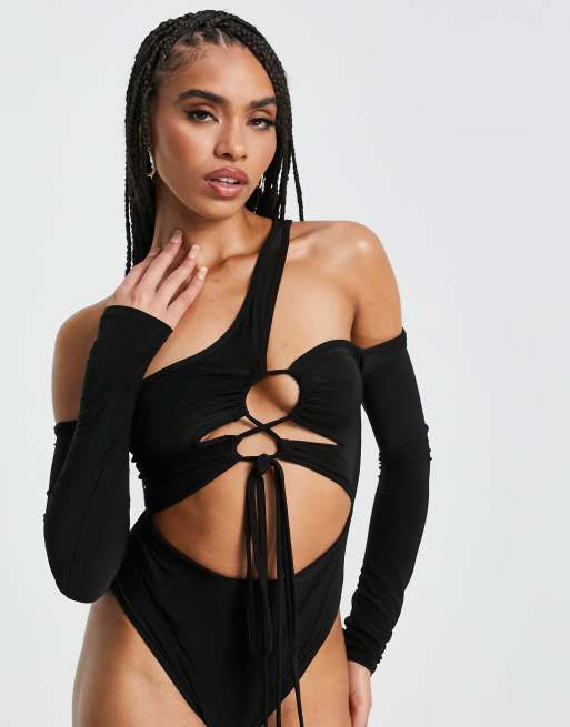 ASOS DESIGN cold shoulder cut out long sleeve bodysuit in black