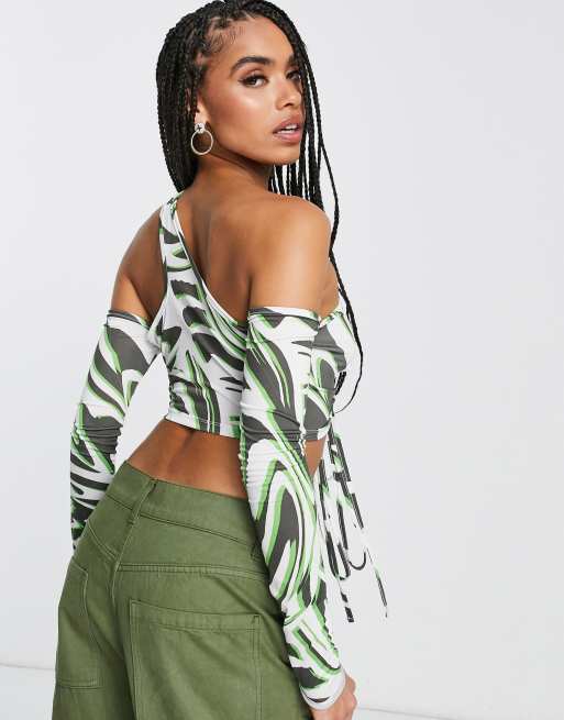 ASYOU tie detail asymmetrical shoulder crop top in zebra print