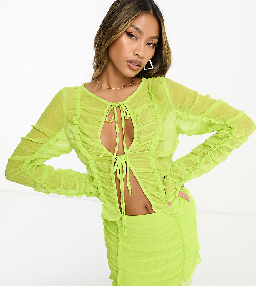 Asyou Tie Front Chiffon Long Sleeve Top In Lime Green - Part Of A Set