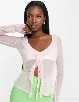 ASYOU tie mesh shirt with ruffle detail in baby pink