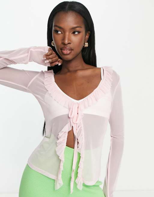 ASYOU tie mesh shirt with ruffle detail in baby pink