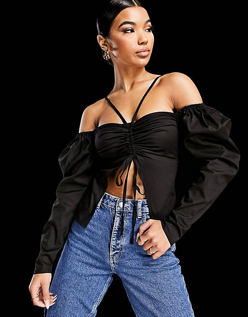 ASYOU tie neck puff sleeve ruched front top in black