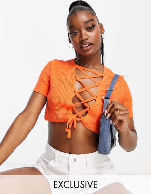 tie up knitted top in orange