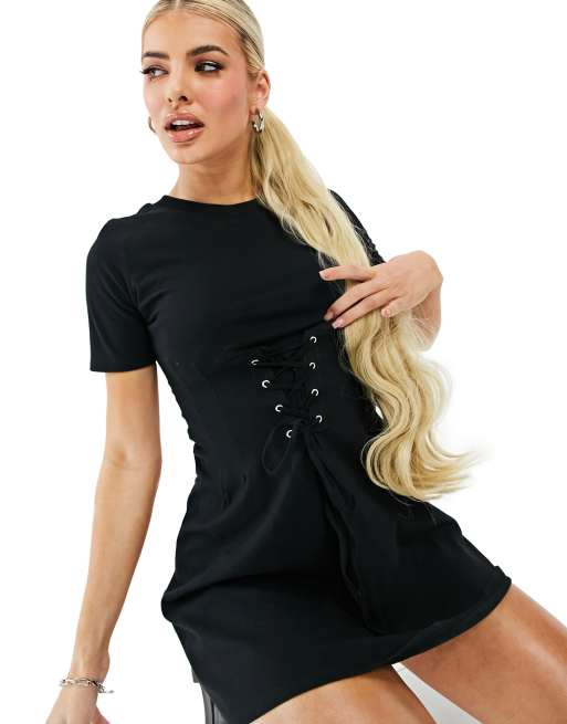 ASYOU tie waist corset detail t-shirt dress in black