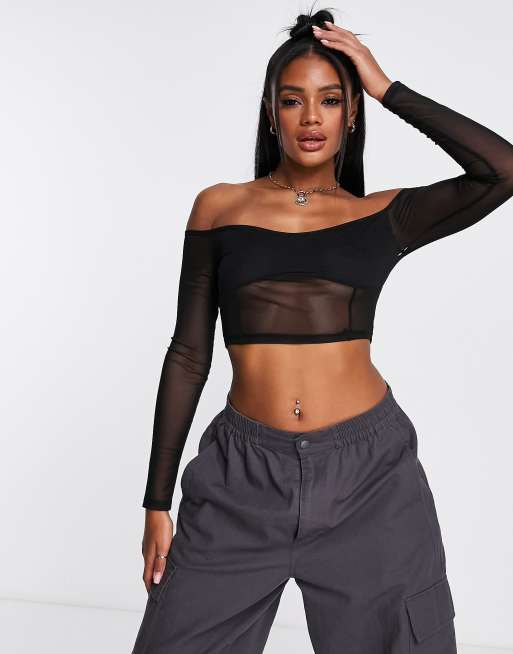 ASYOU - Top a corsetto in rete nera con cuciture e scollo bardot
