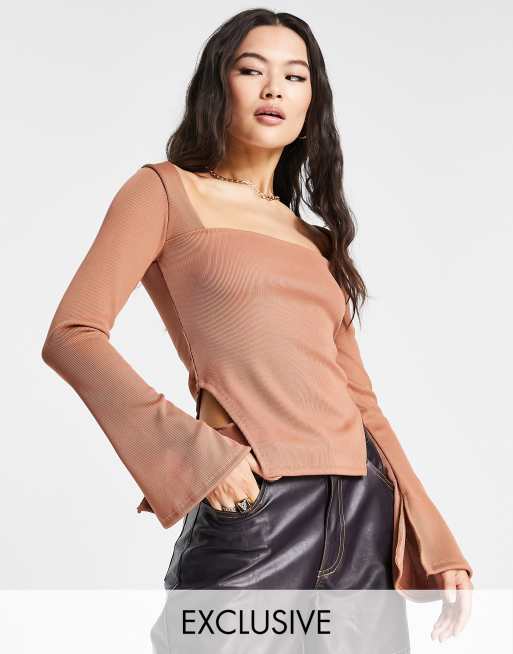 AsYou - Top a coste con scollo quadrato color cuoio 