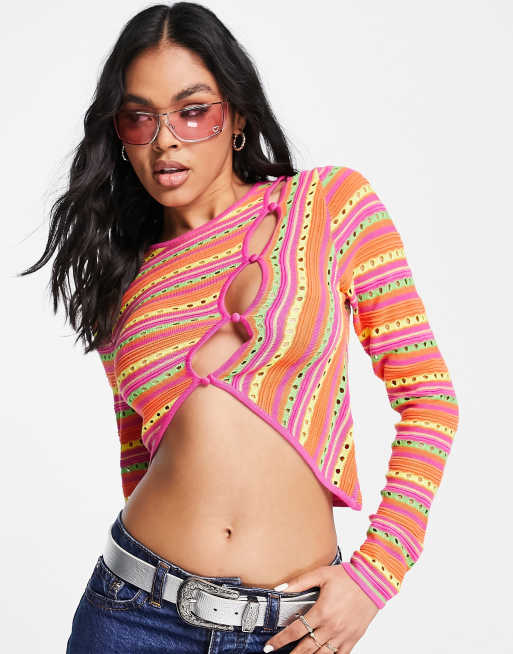 ASYOU - Top a maniche lunghe in maglia a righe con cut-out