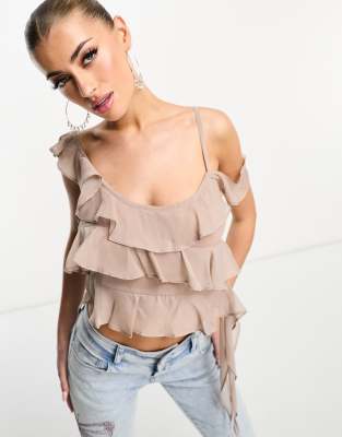 ASYOU - Top color pietra in chiffon con volant asimmetrico