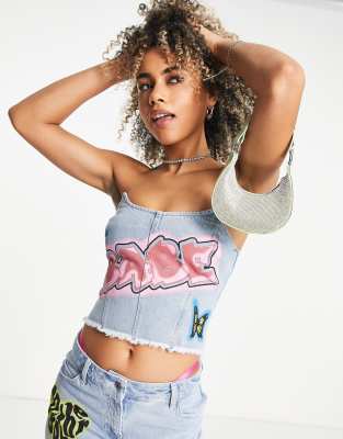 ASYOU - Top corsetto di jeans blu con stemmi in coordinato