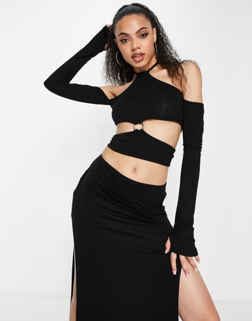 ASYOU - Top nero con cut-out, dettaglio ad anello e scollo alla Bardot in coordinato, 3 di 4