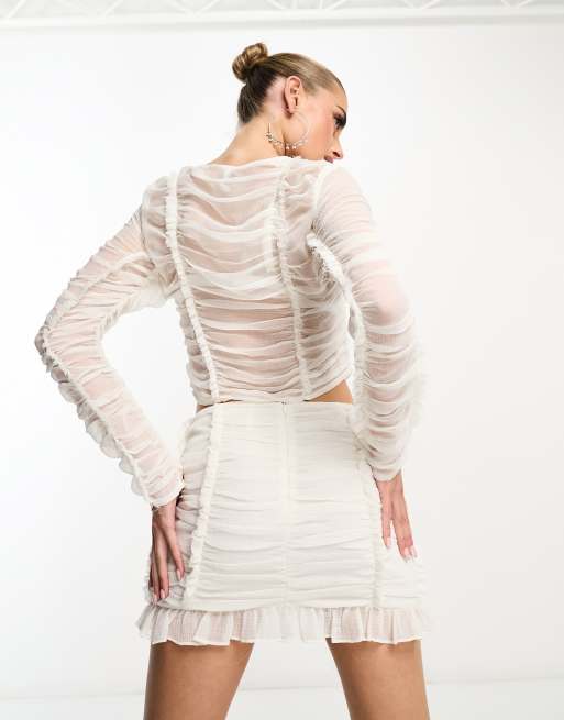 ASYOU - Top van chiffon met gestrikte voorkant en lange mouwen in wit, deel van co-ord set, 4 van 4