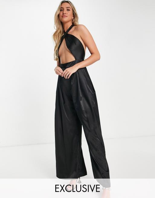 ASYOU - Tuta jumpsuit allacciata al collo in raso con cut-out nero