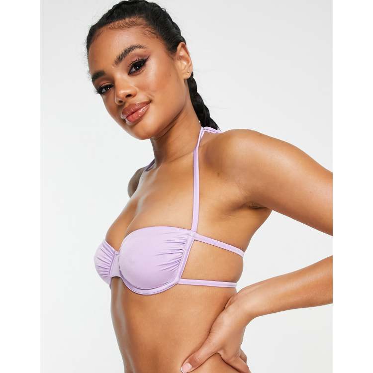 ASOS DESIGN micro bandeau with ruched front and skinny straps in lilac