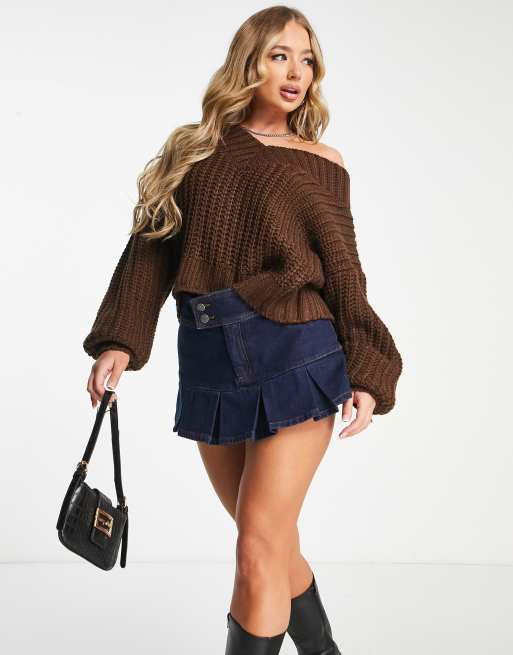 ASYOU V neck chunky knitted jumper in chocolate