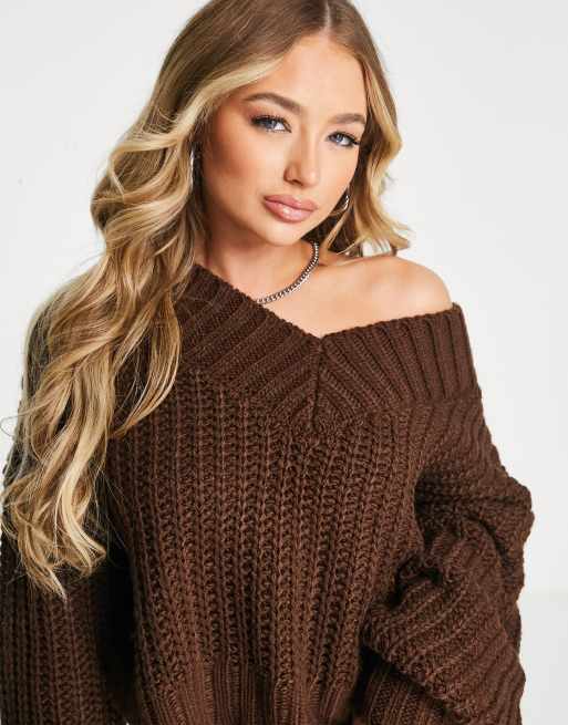 Traditie Isoleren de wind is sterk ASYOU V neck chunky knitted sweater in chocolate | ASOS