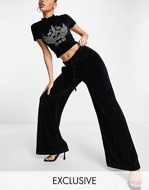 ASYOU velour 90s wide leg pants in black (part of a set)