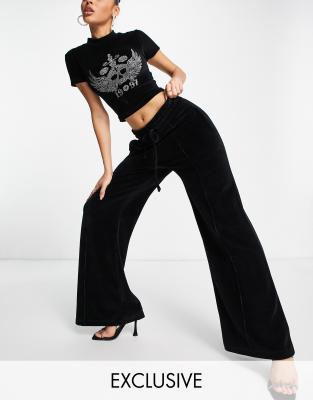 ASYOU velour 90's wide leg trouser co-ord in black