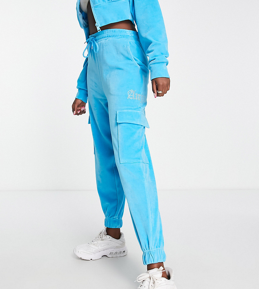 ASYOU velour cargo sweatpants with graphic in blue - part of a set
