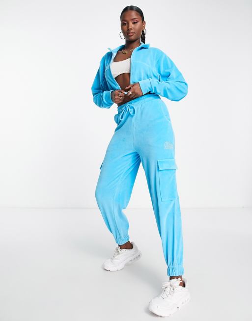 ASYOU velour cargo sweatpants with graphic in blue part of a set