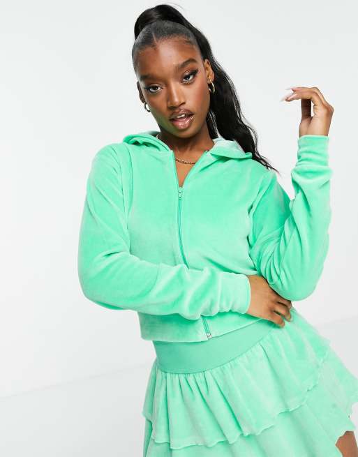 ASYOU velour cropped zip through hoodie set in green