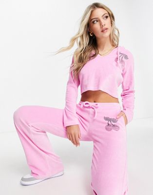 ASYOU velour wide leg sweatpants with cherry graphic in pink | ASOS