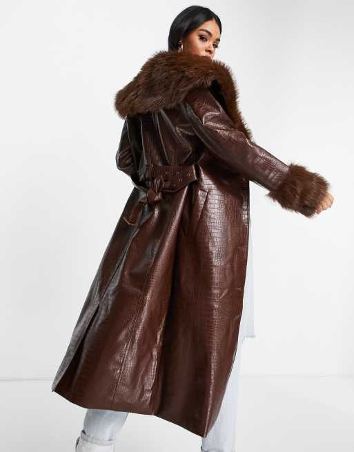 ASYOU Veste en imitation cuir effet croco avec fausse fourrure