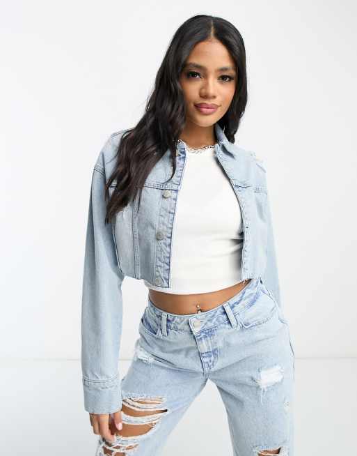 ASYOU - Veste en jean d'ensemble courte à déchirures - Bleu 